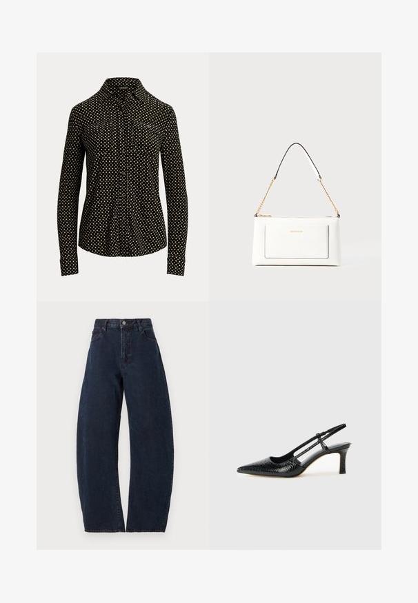 Melnas pogas krekls ar baltu kvadrātu rakstu, garām piedurknēm, ar apkakli un divām priekšējām kabatām, izgatavots no mīkstas auduma.; Augstām vidukļa, plašām kājām džinsi tumšzilā denimā. Ar pogu aizdari, piecām kabatām un smalku tekstūru. Nav redzamu rakstu vai akcentu.; Melna patent āda ar slīdošo papēdi un smailo purngalu, ar teksturētu čūsku drukājumu, regulējamu siksniņu un īsu teksturētu blokpapēdi.; Baltā ādas rokassomu ar teksturētu apdari, ar zelta ķēdes siksnu un melniem akcentiem. Iekļauj priekšējo kabatu un aizdari ar rāvējslēdzēju.