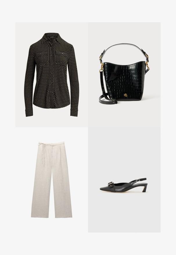 Zwarte button-up shirt met een wit vierkant patroon, lange mouwen, kraag en twee voorzakken, gemaakt van een zachte stof.; Lichtbeige linnen wijde broek met een hoge taille, plooien en een verstelbaar koord. De gladde textuur en strakke lijnen verbeteren het ontwerp.; Zwarte leren slingback schoen met scherpe neus, kleine hak en decoratieve gespdetails op de bovenkant. Stijlvolle textuur, minimalistisch ontwerp.; Zwarte croco-embossed leren tas met een gebogen ontwerp, gouden hardware-accenten, een verstelbare schouderriem en een logo-detail aan de voorkant.