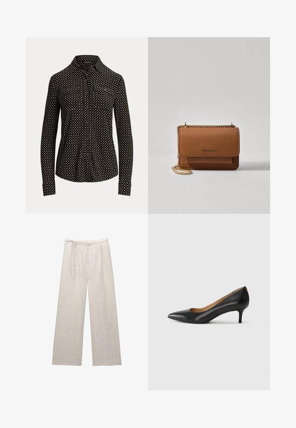 Čierna košeľa na gombíky s bielym štvorcovým vzorom, dlhé rukávy, golier a dva predné vrecká, vyrobená z jemnej tkaniny.; Světle béžové lněné kalhoty s širokými nohavicemi a vysokým pasem, s nažehlenými záhyby a nastavitelnou šňůrkou. Hladká textura a čisté linie zvýrazňují design.; Čierny kožený podpatek s špicatou špičkou, nízkym opätkom a hladkým povrchom. Obsahuje mierne otvorenie vpredu a minimálne kovové detaily na zadnej strane.; Hnedá textúrovaná kožená taška cez telo s zlatým reťazovým popruhom a preklopným uzáverom. Predná strana obsahuje detail s logom a vrecko pod preklopkou.