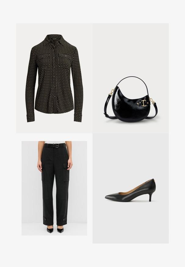 Czarna koszula z długimi rękawami, z białym wzorem w kwadraty, z kołnierzykiem i dwoma przednimi kieszeniami, wykonana z miękkiej tkaniny.; Czarne spodnie cargo o prostym kroju, z bocznymi kieszeniami, paskiem w talii oraz guzikami na mankietach. Gładka tekstura materiału.; Czarne skórzane szpilki z wąskim noskiem, niskim obcasem i gładką fakturą. Posiadają lekko otwarte przody i minimalne okucia z tyłu.; Czarna torebka z lakierowanej skóry o zaokrąglonym kształcie, z regulowanym paskiem i złotymi akcentami po boku. Gładka, błyszcząca tekstura.
