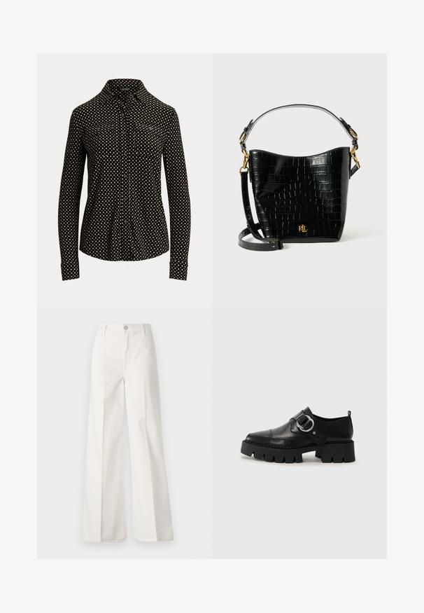 Cămașă neagră cu nasturi, cu un model în pătratul alb, mâneci lungi, guler și două buzunare frontale, fabricată dintr-un material moale.; Pantaloni albi cu picioare largi, confecționați din bumbac cu o textură fină. Prezintă un buton în față, fermoar și un design cu patru buzunare.; Pantofi din piele neagră cu o talpă groasă, nervurată, având un accent circular din metalargintiu și un detaliu minim de cusătură.; Geantă din piele cu embossare croc neagră, cu o formă curbată, accente din metal aurit, curea ajustabilă și un detaliu cu logo în față.