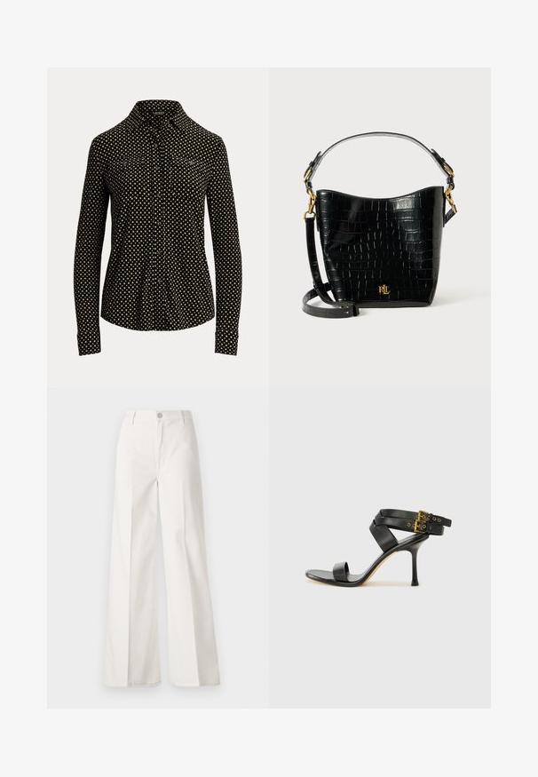 Cămașă neagră cu nasturi, cu un model în pătratul alb, mâneci lungi, guler și două buzunare frontale, fabricată dintr-un material moale.; Pantaloni albi cu picioare largi, confecționați din bumbac cu o textură fină. Prezintă un buton în față, fermoar și un design cu patru buzunare.; Sandalie negre cu toc, cu curele încrucișate și cataramă ajustabilă. Prezintă o textură netedă și un toc stiletto conic.; Geantă din piele cu embossare croc neagră, cu o formă curbată, accente din metal aurit, curea ajustabilă și un detaliu cu logo în față.