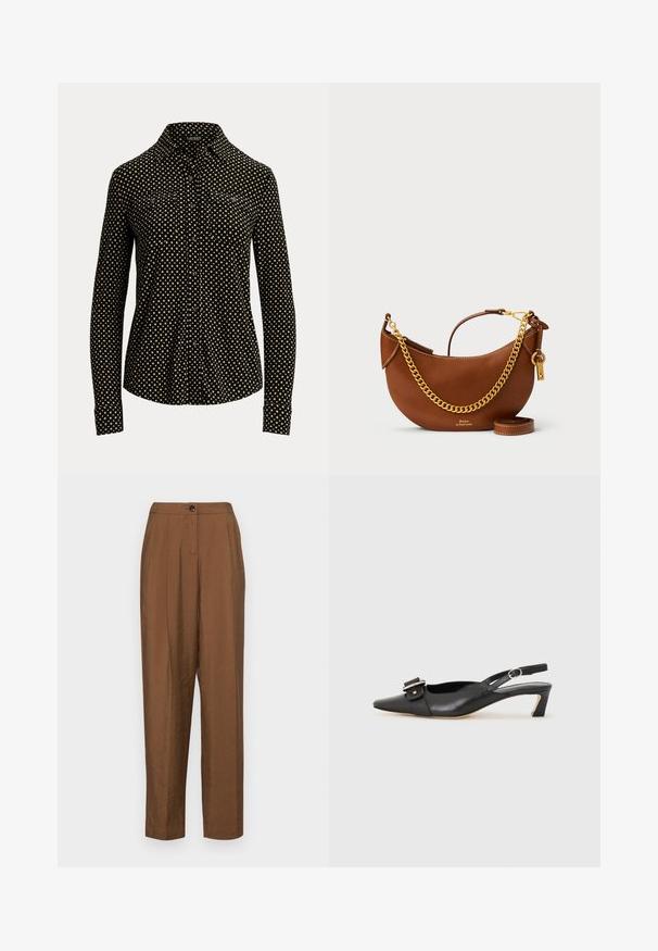 Cămașă neagră cu nasturi, cu un model în pătratul alb, mâneci lungi, guler și două buzunare frontale, fabricată dintr-un material moale.; Pantaloni maro, cu talie înaltă, cu o textură netedă, având închidere cu nasture în față, pliseuri și un design drept.; Pantofii negri din piele cu toc mic, vârf ascuțit și detaliu decorativ cu cataramă pe partea superioară. Textură netedă, design minimal.; Geantă de piele maro cu un design curbat, curea cu lanț auriu, buzunar interior și curea de umăr detașabilă. Dispune de cusături contrastante.