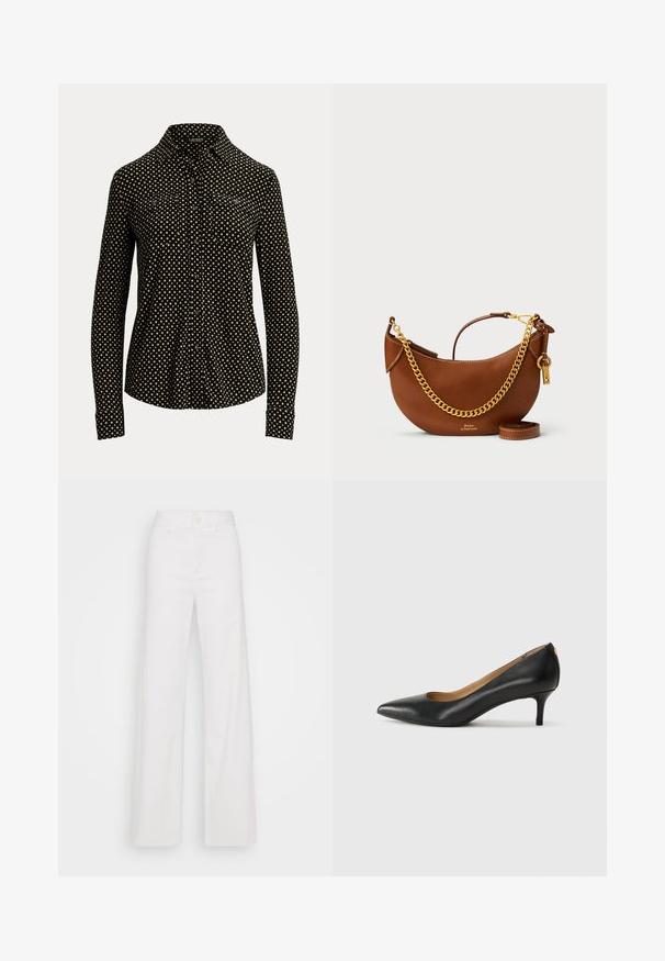 Černá košile na knoflíky s bílým čtvercovým vzorem, dlouhé rukávy, límeček a dvě přední kapsy, vyrobená z měkké látky.; Bílé široké kalhoty vyrobené z bavlny, s předním zapínáním na knoflík, poutky na opasek a hladkým povrchem. Bez viditelných vzorů nebo akcentů.; Černé kožené lodičky s špičatou špičkou, nízkým podpatkem a hladkým povrchem. Mají mírné otevření vpředu a minimální kovové prvky na zadní straně.; Hnědá kožená kabelka s zakřiveným designem, zlatým řetízkem, vnitřní kapsou a odnímatelným ramenním popruhem. Obsahuje kontrastní prošívání.