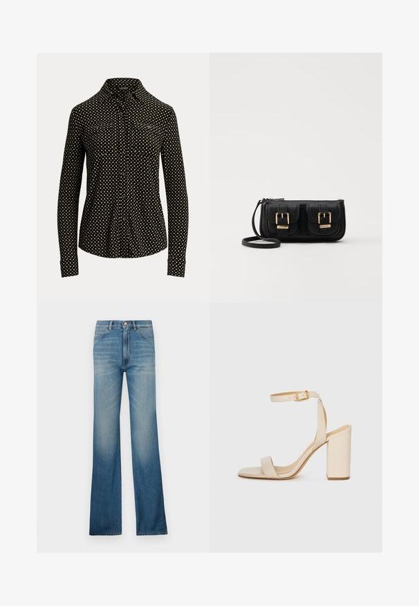 Črna srajca s kratkimi rokavi in belo kvadratno vzorcem, dolgi rokavi, ovratnik in dva sprednja žepa, izdelana iz mehkega materiala.; Modre flare jeans iz denima s svetlo pranjem, ki imajo tradicionalno pet žepno zasnovo in zapiranje na gumb. Silhueta z ravnim nogavicami.; Bež visoke sandale s kvadratnim nosom, tankim trakicama okoli gležnja in blok peto. Gladka usnjena tekstura s podrobnostjo v zlati barvi.; Črna usnjena torbica čez ramo z dvema sprednjima žepoma, zlatimi zaponkami, zadrgo in ozkim pasom. Tekstura površine je strukturirana, obliko pa ima kompaktno pravokotno.