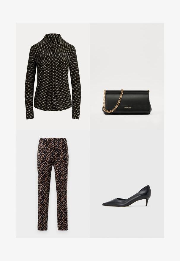 Must mustaga, millel on valged ruudud, pika varrukaga, krae ja kaks eesmist taskut, valmistatud pehmest kangast.; Suurusega sobivad püksid põikmustris, tumesinise ja heleda pruuni värviga, millel on sile tekstuur ja tavaline vöökoht.; Mustast nahast kontsakinga terava ninaga ja madala kontsaga. Omadused on sile pind ja peen läige. Esiosal on avatud lõige, mis lisab detaili.; Mustast nahast klamberkott kuldse kettrihmaga, millel on sile tekstuur, ristkülikuline kuju ja esiküljel reljeefne brändingu märk.