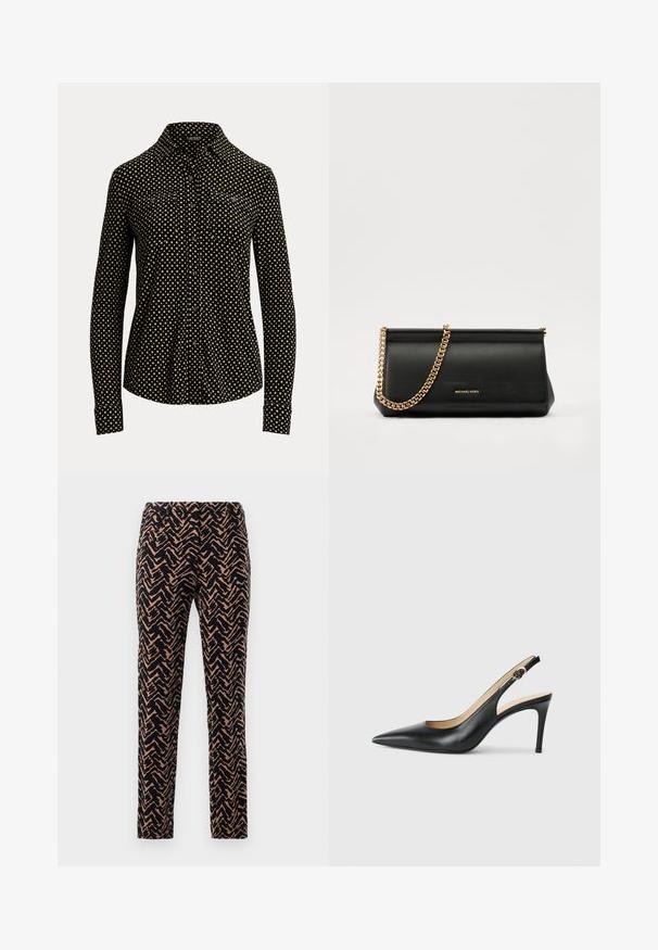 Czarna koszula z długimi rękawami, z białym wzorem w kwadraty, z kołnierzykiem i dwoma przednimi kieszeniami, wykonana z miękkiej tkaniny.; Spodnie slim-fit w wzór zygzak, w kolorach granatowym i jasnobrązowym, charakteryzujące się gładką strukturą i standardowym paskiem.; Czarne skórzane sandały na obcasie typu slingback z wąskim noskiem, regulowanym paskiem i smukłym obcasem szpilką, o gładkim wykończeniu.; Czarna skórzana kopertówka z złotym łańcuszkiem, charakteryzująca się gładką fakturą, prostokątnym kształtem i wytłoczonym logo z przodu.