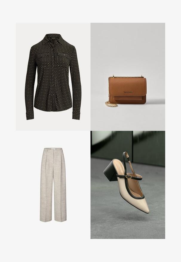 Melnas pogas krekls ar baltu kvadrātu rakstu, garām piedurknēm, ar apkakli un divām priekšējām kabatām, izgatavots no mīkstas auduma.; Gai pelēki augsto jostasvietu bikses ar strukturētu audumu, plašām kājām un divām priekšējām krokām. Iekļauj priekšējo pogu aizdari un jostu cilpas.; Bēša augstpapēžu kurpe ar atvērtu papēdi, smailu purngalu, melnu apmali un sprādzes detaļu. Gluds materiāls ar matētu apdari, vidēja izmēra bloka papēdis.; Brūna teksturēta ādas plecu soma ar zelta ķēdes siksnu un atloka aizdari. Priekšpusē ir logotipa detaļa un kabata zem atloka.