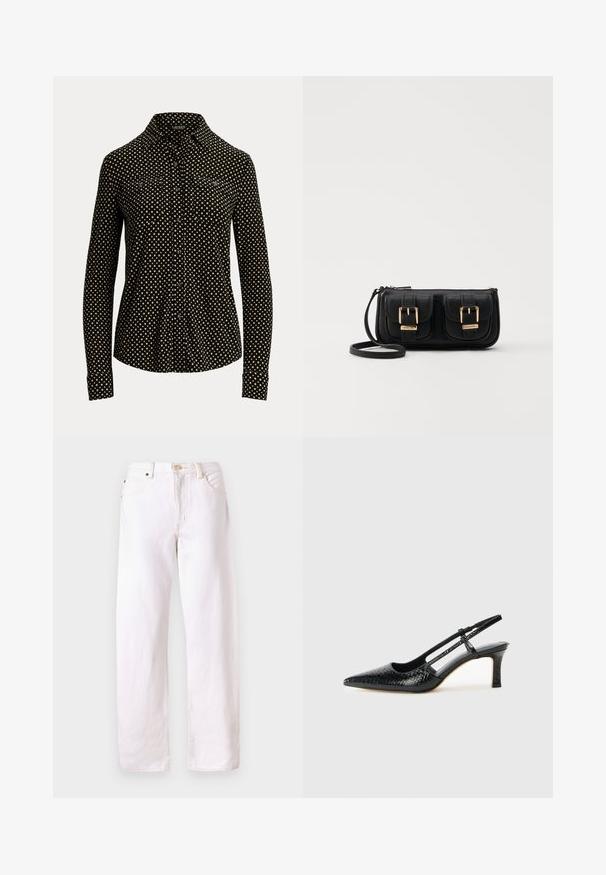 Black button-up shirt with white square pattern, long sleeves, collar, and two front pockets, made from a soft fabric.; White denim jeans with a relaxed fit, straight legs, five-pocket design, and a button closure. Features visible stitching and minimal hardware.; Black patent slingback heel with a pointed toe, featuring textured snake print, adjustable strap, and a short, textured block heel.; Black leather crossbody bag with two front pockets, gold buckles, zipper closure, and a slim strap. Textured surface and compact rectangular shape.