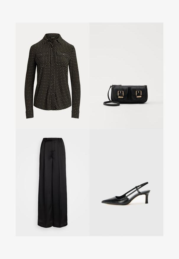 Crna košulja s dugim rukavima, bijelim kvadratnim uzorkom,o kravatu i dva prednja džepa, izrađena od mekanog materijala.; Lauren Ralph Lauren PLEATED SATIN CHARMEUSE WIDE LEG TROUSER - Hlače - black; Crne lakirane slingback pete s oštrim vrhom, s teksturiranim uzorkom zmijske kože, podesivom remenom i kratkom, teksturiranom blok-petom.; Crna kožna torba preko ramena s dva prednja džepa, zlatnim kopčama, zatvaranjem na zip i uskim remenom. Teksturirana površina i kompaktan pravokutan oblik.