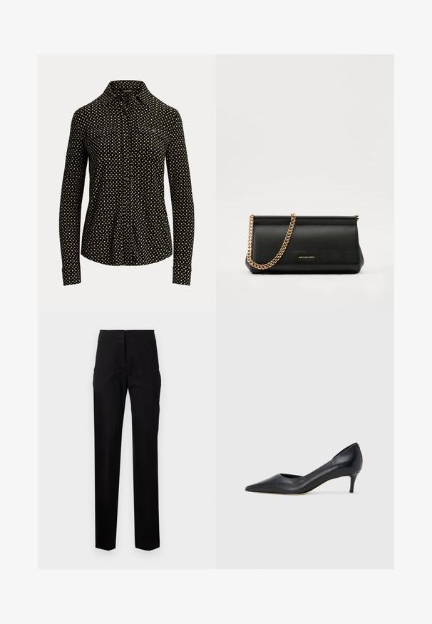 Fekete galléros ing, fehér négyzetmintával, hosszú ujjal és két elülső zsebbel, puha anyagból készült.; Fekete, szabott nadrág egyenes szárú fazonnal, lapos elülső résszel, övlyukakkal és oldalsó zsebekkel. Simás anyag minimális varrással.; Fekete bőr magassarkú cipő hegyes orral és alacsony sarokkal. Sima felülettel és enyhe fényű kialakítással rendelkezik. Az elején nyitott részlet a fokozott díszítésért.; Fekete bőr kisméretű táska arany lánccal, sima felülettel, téglalap alakú, és dombornyomott márkázással az elején.
