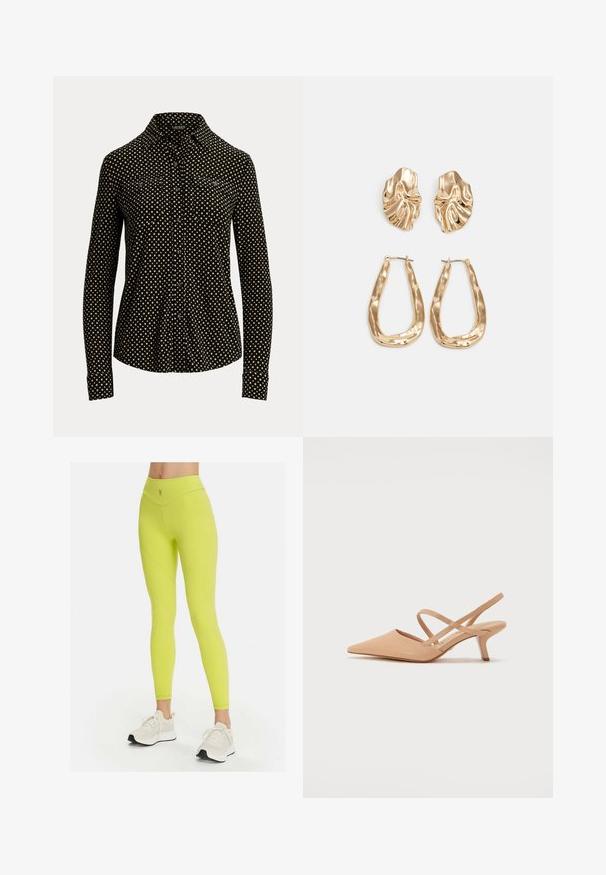 Crna košulja s dugim rukavima, bijelim kvadratnim uzorkom,o kravatu i dva prednja džepa, izrađena od mekanog materijala.; Neon žute tajice s visokim strukom, glatkom teksturom i zakrivljenim šavovima; imaju mali logo na struku. Uparene s bijelim tenisicama.; Cipele s otvorenom petom u nude boji, s oštrim vrhom i minimalističkim trakama, izrađene od glatkog materijala, s potpeticom od 5 cm.; Naušnice zlatne boje s teksturiranim, valovitim oblicima. Uključuju skulpturalne kopče i dizajn otvorene kružnice s kovanom završnom obradom.