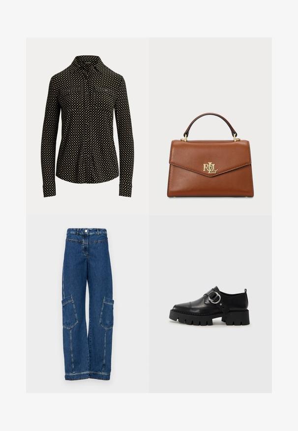 Black button-up shirt with white square pattern, long sleeves, collar, and two front pockets, made from a soft fabric.; Blue denim cargo pants featuring a high waist, wide leg, two large side pockets, and traditional rivet and stitch details.; Black leather shoes with a chunky, ribbed sole, featuring a circular silver hardware accent and minimal stitching detail.; Brown leather handbag with a structured design, a top handle, gold hardware, and a logo accent on the front. Smooth texture.