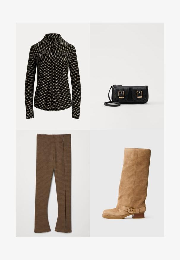 Cămașă neagră cu nasturi, cu un model în pătratul alb, mâneci lungi, guler și două buzunare frontale, fabricată dintr-un material moale.; Pantaloni evazați în carouri maro, cu un material texturat, talie înaltă și închidere cu fermoar pe lateral.; Botă de piele suede de culoare nisip, de înălțime medie până la gamă, cu un toc mic și stivuit, vârf rotunjit și o curea ajustabilă cu cataramă aurie în jurul gleznei.; Geantă neagră din piele, tip crossbody, cu două buzunare frontale, catarame aurii, închidere cu fermoar și o curea subțire. Suprafață texturată și formă rectangulară compactă.