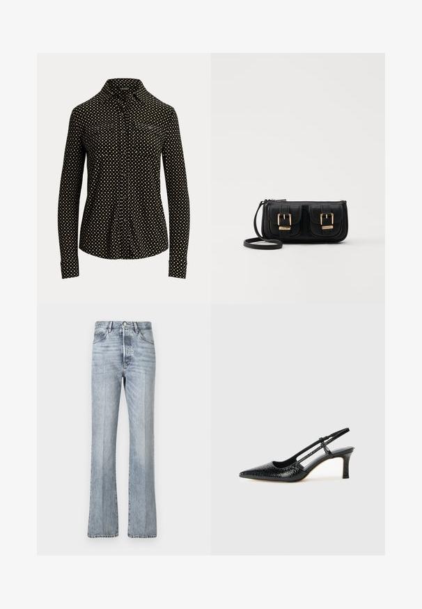 Sort skjorte med knaplukning og hvidt firkantet mønster, lange ærmer, krave og to forlommer, lavet af et blødt stof.; Lyseblå denim jeans med en flared ben design, høj talje, forlommer og subtil fading. Standard knap- og lynlåslukning.; Sorte patent slingback hæl med spids tå, prydet med tekstureret slangeskindsmønster, justerbar rem og en kort, tekstureret blokhæl.; Sort læder crossbody taske med to frontlommer, guldspænder, lynlåslukning og en slank rem. Struktureret overflade og kompakt rektangulær form.