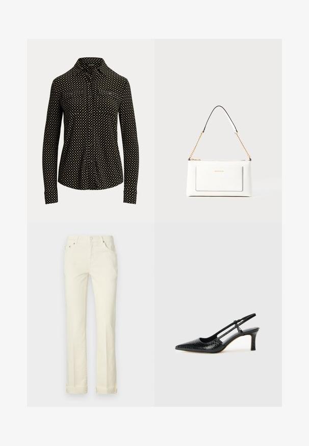 Musta napillinen paita, jossa on valkoinen neliökuvio, pitkät hihat, kaulus ja kaksi etutaskua, tehty pehmeästä kankaasta.; Vaaleankeltaiset suorat farkut, jotka on valmistettu puuvillasta. Niissä on viisi taskua, vyölenkit ja kääreet helmoissa.; Musta patent slingback-kiilakorko teräväkärkisellä muotoilulla, jossa on teksturoitu käärmeennahkakuosi, säädettävä remmi ja lyhyt, teksturoitu blokkiheel.; Valkoinen nahkalaukku tekstuuripinnalla, jossa on kultaketjuolkaimet ja mustia yksityiskohtia. Mukana etutasku ja vetoketjusulku.