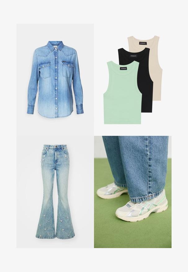 Ανοιχτό μπλε τζην πουκάμισο με μακριά μανίκια, μυτερό γιακά, δύο τσέπες στο στήθος, κουμπιά μπροστά και διακριτική φθορά στο ύφασμα. Ορατή ετικέτα μάρκας.; Τρία τοπ σε μέντα, μαύρο και μπεζ χρώμα, κατασκευασμένα από πλεκτό ύφασμα, με στρογγυλή λαιμόκοψη και χωρίς μανίκια. Ορατή ετικέτα μάρκας.; Ανοιχτό μπλε καμπάνα τζιν με ψηλή μέση, διακοσμημένα με κεντημένα άσπρα λουλούδια και κλασικό σχέδιο πέντε τσεπών. Η υφή του τζιν είναι ορατή.; Λευκά και ασημί δικτυωτά αθλητικά παπούτσια με πράσινες λεπτομέρειες, φορεμένα με φαρδιά μπλε τζιν, που στέκονται σε ένα πράσινο χαλί.