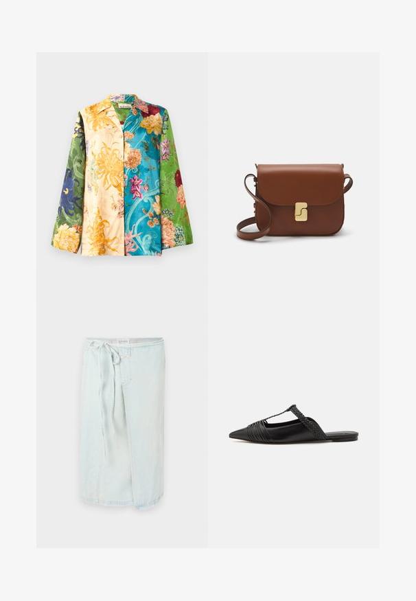 Multicolor floral shirt jacket with long sleeves, featuring a mix of yellow, green, blue, and purple hues. Fabric has a smooth texture and sheen.; Light blue denim skirt with a tie waist, featuring a front slit and raw hem. Made of soft denim fabric for comfort and ease of movement.; Black leather slingback shoe with a pointed toe, featuring a woven accent and pleated upper design. Flat sole with minimal hardware.; Brown leather handbag with a flap closure, gold-tone hardware, a shoulder strap, and a smooth texture. Compact rectangular shape.