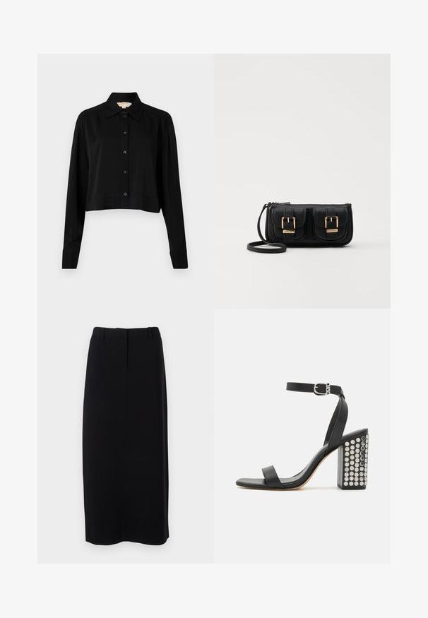 Črni kratki top z dolgimi rokavi, s končnim ovratnikom in gumbi spredaj. Narejen iz gladkega materiala z sproščenim krojem in manšeti na rokavih.; Črna, krilna oljna volna do kolen, izdelana iz gladkega materiala z oprijetim pasom, ki vključuje subtilne prednje gubice in brez vidnih zapenjal.; Črne usnjene sandale s peto in zankami okoli gležnja. Imajo kvadratno konico, gladko teksturo in kvadratno blok peto, okrašeno z odličnimi srebrnimi žebljički.; Črna usnjena torbica čez ramo z dvema sprednjima žepoma, zlatimi zaponkami, zadrgo in ozkim pasom. Tekstura površine je strukturirana, obliko pa ima kompaktno pravokotno.