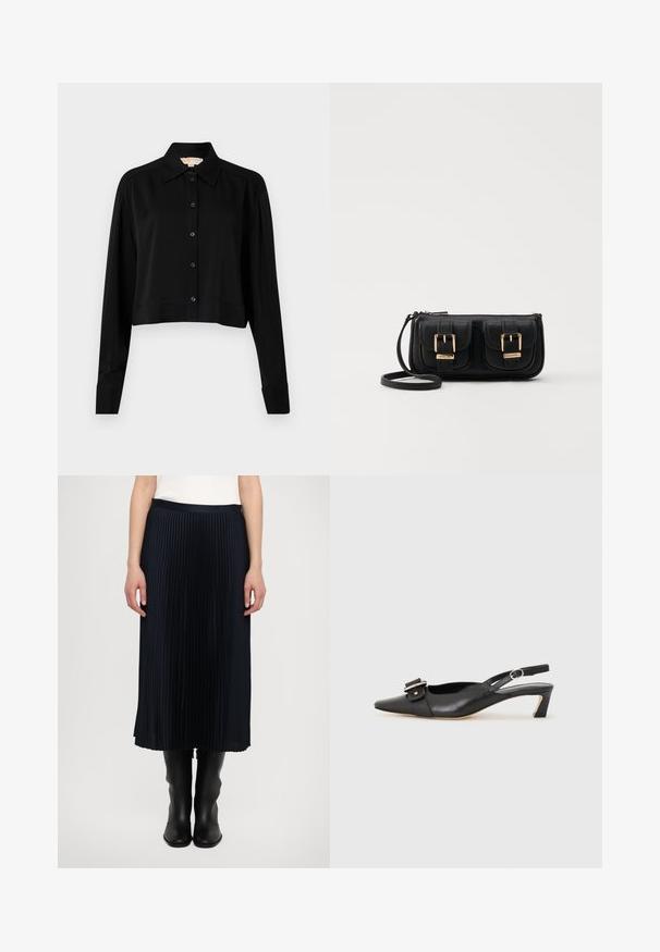 Svart forkortet skjorte med lange ermer, spiss krage og knappelukking foran. Laget av glatt stoff med en avslappet passform og oppbrettede ermer.; Plisse midi-skjørt i mørk marineblå, med en glatt midjebånd og flytende tekstur, kombinert med stilige svarte ankelstøvler.; Svarte skinn slingback-sko med spiss tå, liten hæl og dekorativ spenne-detalj på overdelen. Glatt tekstur, minimalistisk design.; Svart skinn crossbody veske med to frontlommer, gyldne spenner, glidelåslukking og en slank stropp. Teksturert overflate og kompakt rektangulær form.