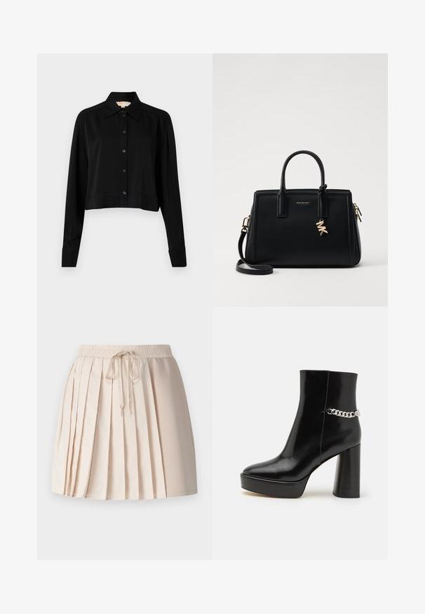 Zwarte cropped shirt met lange mouwen, een spitse kraag en een knoopsluiting aan de voorkant. Gemaakt van soepele stof met een ontspannen pasvorm en manchet-mouwen.; Plissé rok in lichtbeige, vervaardigd uit zachte stof. Beschikt over een elastische tailleband met een trekkoord en verticale plooien voor textuur.; Zwarte gepoetste leren enkelboot met een chunky plateau en hoge blokhak. Kenmerkt zich door een zilveren kettingaccent aan de zijkant. Glad textuur.; Zwarte leren handtas met gestructureerd ontwerp, dubbele handvatten aan de bovenkant, afneembare schouderband, gouden hardware en een logo charm accent.