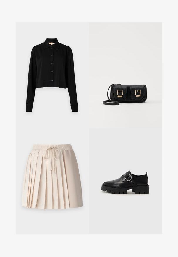 Juodas trumpas marškinėliai su ilgomis rankovėmis, smailiu apykakle ir mygtukų priekyje. Pagamintas iš lygaus audinio su laisvu siluetu ir apverčiamos rankovėmis.; Šviesiai bežinis klostuotas sijonas, pagamintas iš minkštos medžiagos. Jame yra elastinga juostos su raišteliu ir vertikalios klostės, suteikiančios tekstūrą.; Juodos odinės bateliai su masyviu, grioveliuotu padu, su apvaliu sidabro detalės akcentu ir minimaliais siuvimo elementais.; Juodas odinis per petį nešiojamas krepšys su dviem priekiniais kišenėmis, auksiniais sagtimis, užtrauktuko uždarymu ir siauromis petnešomis. Textūruota paviršius ir kompaktiškas stačiakampis formatas.