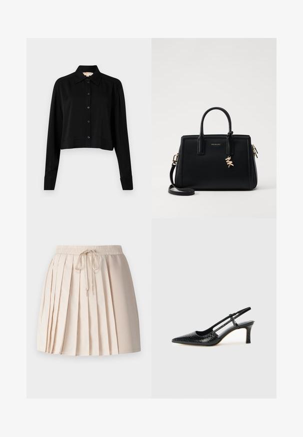 Melnas īsās piedurknes krekls ar garām piedurknēm, smailu apkakli un pogu aizdari. Izgatavots no gludas auduma ar brīvu piegriezumu un piedurkņu apakšām.; Gaiši bež svārki ar krokām, izgatavoti no mīksta auduma. Ar elastīgu jostasvietu un auklu, kā arī vertikālām krokām, kas piešķir faktūru.; Melna patent āda ar slīdošo papēdi un smailo purngalu, ar teksturētu čūsku drukājumu, regulējamu siksniņu un īsu teksturētu blokpapēdi.; Melnas ādas rokas soma ar strukturētu dizainu, dubultiem augšējiem rokturiem, noņemamu plecu siksnu, zelta aparatūru un logo piekariņu akcentu.