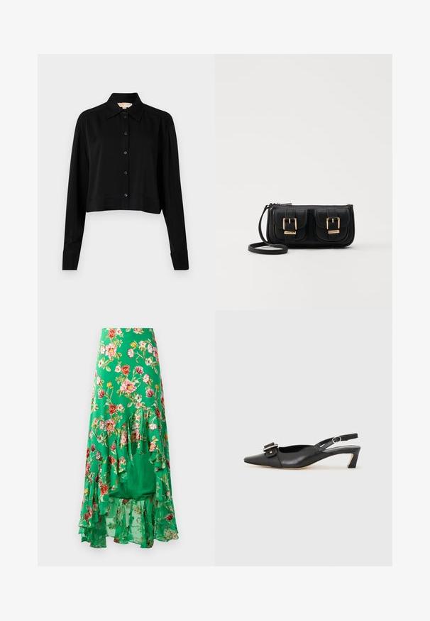 Čierna skrátená košeľa s dlhými rukávmi, špicatým golierom a zapínaním na gombíky. Vyrobená z hladkej látky s voľným strihom a manžetovými rukávmi.; Kvetinová maxi sukňa vyrobená z ľahkej látky, s zeleným pozadím a rôznymi farebnými kvetmi, a s viacerými volánovými detailmi na spodnom leme.; Čierne kožené sandále s úzkym prstom, malým opätkom a dekoratívnou sponou na vrchnej časti. Hladká textúra, minimalistický dizajn.; Čierna kožená crossbody taška s dvoma prednými vreckami, zlatými sponami, zipsovým uzatváraním a úzkym popruhom. Štruktúrovaný povrch a kompaktný obdĺžnikový tvar.
