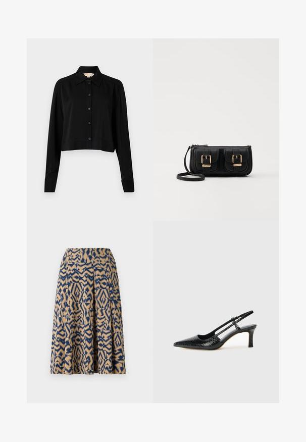 Chemise noire courte à manches longues, col pointu et fermeture par boutons. Fabriquée en tissu lisse avec une coupe décontractée et des manches à poignets.; Une jupe jusqu'au genou avec un imprimé géométrique en bleu marine et beige, dotée de plis et d'une texture douce.; Escarpin slingback en vernis noir avec un bout pointu, présentant un imprimé serpent texturé, une sangle réglable et un petit talon bloc texturé.; Sac en cuir noir porté en travers avec deux poches avant, boucles dorées, fermeture zippée et une sangle fine. Surface texturée et forme rectangulaire compacte.