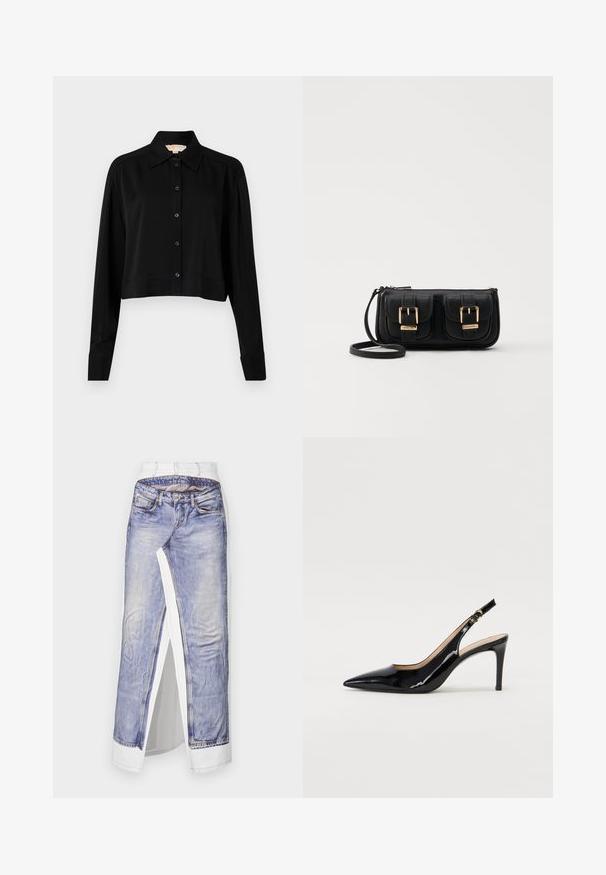 Cămașă neagră scurtă cu mâneci lungi, guler ascuțit și închidere cu nasturi. Fabricată dintr-un material neted, cu o croială lejeră și mâneci cu manșete.; Fustă din denim cu un imprimeu foto de blugi pe țesătură albă. Dispune de un talie standard, slit lateral și o cusătură detaliată pe buzunare.; Pantofi slingback din piele patent neagră, cu vârful ascuțit, tocul subțire și un design discret cu decupaj. Se evidențiază printr-un cataramă aurie pe curea.; Geantă neagră din piele, tip crossbody, cu două buzunare frontale, catarame aurii, închidere cu fermoar și o curea subțire. Suprafață texturată și formă rectangulară compactă.