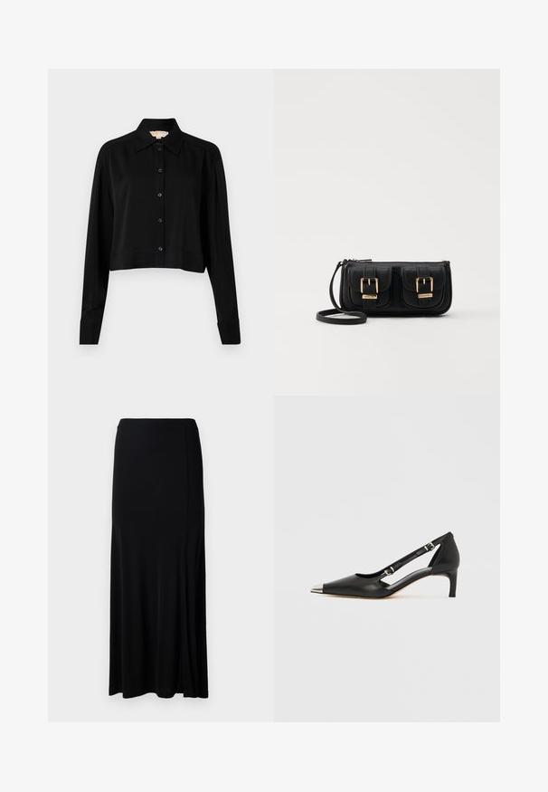 Black cropped shirt with long sleeves, a pointed collar, and button front. Made from smooth fabric with a relaxed fit and cuffed sleeves.; Black maxi skirt made from a smooth fabric, featuring a side slit, elastic waistband, and a straight cut for a minimalist design.; Black leather kitten heel with pointed silver toe cap and dual buckle straps on a white background.; Black leather crossbody bag with two front pockets, gold buckles, zipper closure, and a slim strap. Textured surface and compact rectangular shape.