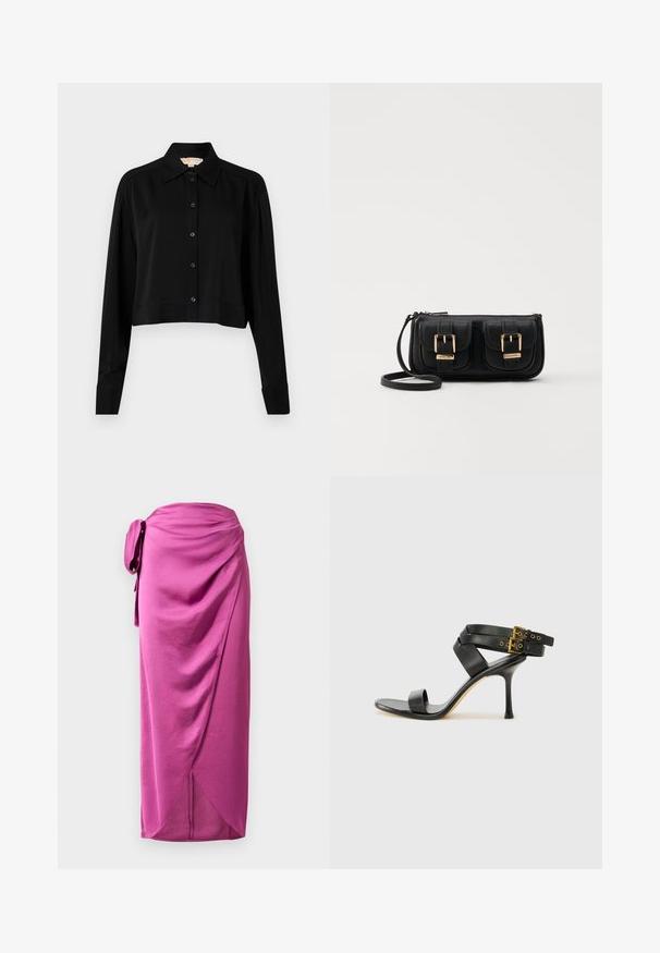 Black cropped shirt with long sleeves, a pointed collar, and button front. Made from smooth fabric with a relaxed fit and cuffed sleeves.; Pink wrap skirt with a side tie, featuring draped fabric, smooth texture, and an asymmetric hemline. Lightweight material with a flowing design.; Black heeled sandal with crossed straps and adjustable buckle. Features a smooth texture and tapered stiletto heel.; Black leather crossbody bag with two front pockets, gold buckles, zipper closure, and a slim strap. Textured surface and compact rectangular shape.