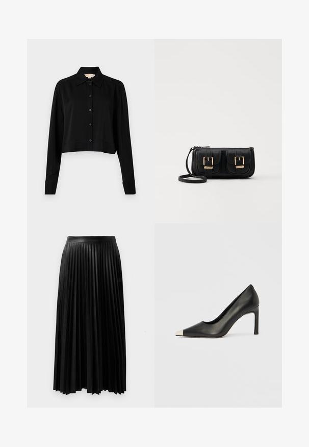 Melnas īsās piedurknes krekls ar garām piedurknēm, smailu apkakli un pogu aizdari. Izgatavots no gludas auduma ar brīvu piegriezumu un piedurkņu apakšām.; Melnā krokotā svārku, kas izgatavota no teksturēta materiāla, ar pieguļošu jostasvietu un garām, plūstošām krokām, kas sniedzas līdz puslodei.; Melns ādas augstpapēžu kurpes ar smailu purngalu un metāliski sudraba uzgali. Ir gluda apdare un slaids 10 cm augsts papēdis.; Melnas ādas crossbody soma ar divām priekšējām kabatām, zelta sprādzēm, ar rāvējslēdzēju aizdari un šauru siksnu. Strukturēta virsma un kompakta taisnstūra forma.