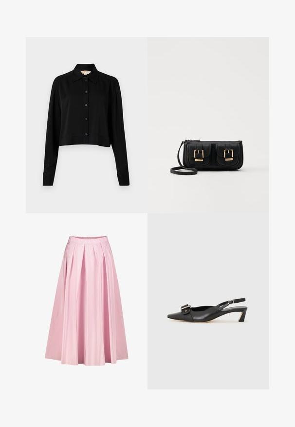 Černá zkrácená košile s dlouhými rukávy, špičatým límcem a předním zapínáním na knoflíky. Vyrobena z hladké látky s volnějším střihem a manžetami.; Růžová plisovaná midi sukně s volným střihem, vyrobená z lehké tkaniny, s pasem a skrytým zipem na zadní straně.; Černé kožené sandály s úzkou špičkou, malým podpatkem a dekorativní sponou na nártu. Hladký povrch, minimalistický design.; Černá kožená crossbody taška se dvěma předními kapsami, zlatými přezkami, zipovým uzávěrem a štíhlým popruhem. Texturovaný povrch a kompaktní obdélníkový tvar.