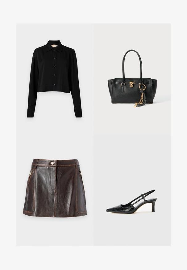 Schwarzes, kurzes Hemd mit langen Ärmeln, einem spitzen Kragen und Knopfverschluss. Hergestellt aus glattem Stoff mit lockerer Passform und geknöpften Ärmeln.; Brauner Leder-Minirock mit einem eleganten Design, zwei mit Reißverschluss versehenen Seitentaschen und kontrastierenden Nähten entlang der Kanten.; Schwarze Lack-Slingback-Pumps mit spitzem Zehenbereich, versehen mit strukturiertem Schlangenprint, verstellbarem Riemen und einem kurzen, strukturierten Blockabsatz.; Schwarze Lederhandtasche mit doppelten Griffen, goldfarbener Verschluss- und Kettendetails sowie einem schwarz-weißen Quastenaccessoire vor weißem Hintergrund.