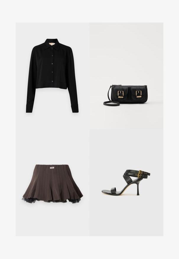 Black cropped shirt with long sleeves, a pointed collar, and button front. Made from smooth fabric with a relaxed fit and cuffed sleeves.; Brown pleated skirt with a textured fabric, featuring a layered black tulle trim at the hem and a small logo label on the waistband.; Black heeled sandal with crossed straps and adjustable buckle. Features a smooth texture and tapered stiletto heel.; Black leather crossbody bag with two front pockets, gold buckles, zipper closure, and a slim strap. Textured surface and compact rectangular shape.