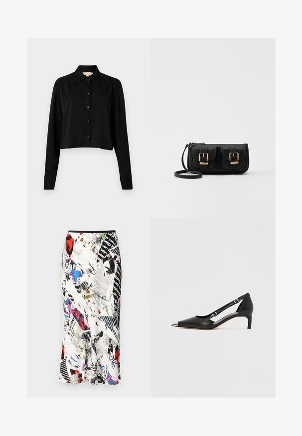 Chemise noire courte à manches longues, col pointu et fermeture par boutons. Fabriquée en tissu lisse avec une coupe décontractée et des manches à poignets.; Diane von Furstenberg MAE SKIRT - Jupe crayon - multi coloured; Escarpin en cuir noir à petit talon en forme de kit avec embout pointu argenté et doubles sangles à boucle sur fond blanc.; Sac en cuir noir porté en travers avec deux poches avant, boucles dorées, fermeture zippée et une sangle fine. Surface texturée et forme rectangulaire compacte.