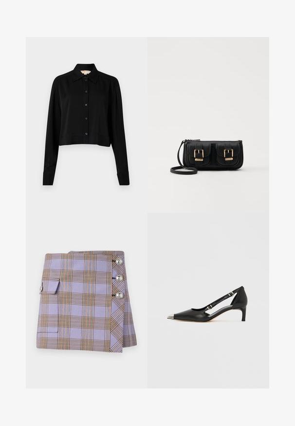 Fekete, rövid fazonú ing hosszú ujjakkal, hegyes gallérral és gombos elejével. Simító anyagból készült, laza szabású és megkötött ujjaival.; Rabanne Miniszoknya - purple/orange/cream/blue; Fekete bőrből készült kismagassarkú, hegyes ezüst orrkupakkal és dupla csatos pántokkal, fehér háttéren.; Fekete bőr keresztbody táska két elülső zsebbel, arany csattokkal, cipzáras záródással és vékony pánttal. Textúrált felület és kompakt téglalap alak.