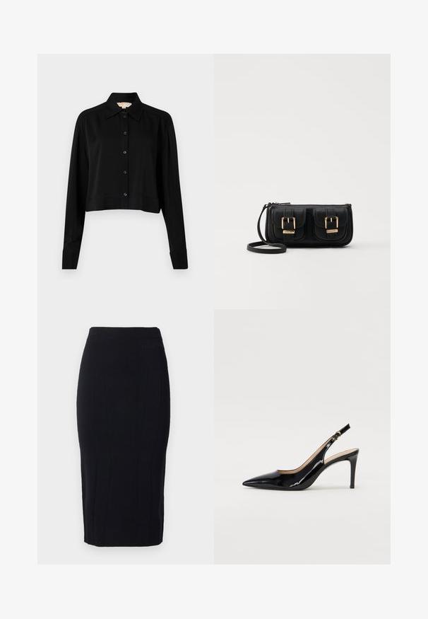 Fekete, rövid fazonú ing hosszú ujjakkal, hegyes gallérral és gombos elejével. Simító anyagból készült, laza szabású és megkötött ujjaival.; Fekete, textúrált anyagból készült ceruzaszoknya, függőleges varrásokkal és testhez álló szabással. Diszkrét logóval a deréknál.; Fekete lakk bőr kötött magassarkú cipő, hegyes orral és karcsú sarokkal, finom kivágásos dizájnnal. Az övön arany csatt található.; Fekete bőr keresztbody táska két elülső zsebbel, arany csattokkal, cipzáras záródással és vékony pánttal. Textúrált felület és kompakt téglalap alak.