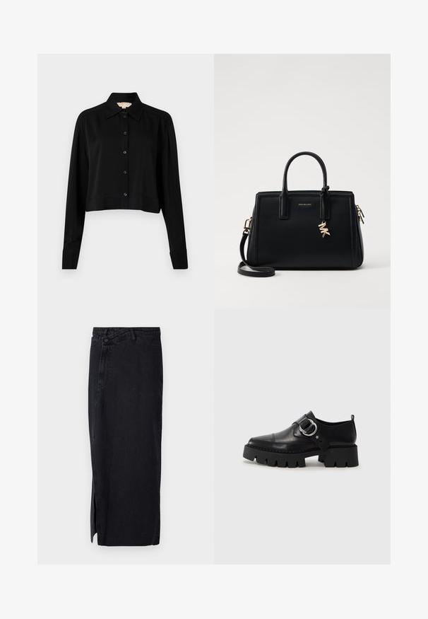 Černá zkrácená košile s dlouhými rukávy, špičatým límcem a předním zapínáním na knoflíky. Vyrobena z hladké látky s volnějším střihem a manžetami.; Černá džínová sukně s vysokým pasem, s bočním rozparkem a klasickým pětikapsovým designem. Hladká textura a rovný silueta.; Černé kožené boty s robustní ribkovanou podešví, zdobené kruhovým stříbrným kovovým prvkem a minimálním švem.; Černá kožená kabelka se strukturovaným designem, dvojitými horními uchy, odnímatelným ramenním popruhem, zlatými doplňky a akcentem ve formě logového charm.