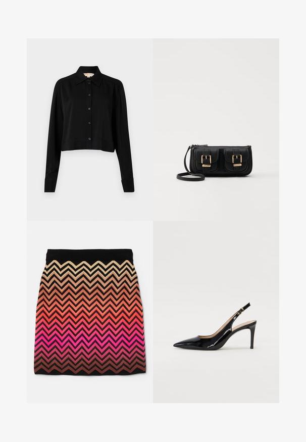 Zwarte cropped shirt met lange mouwen, een spitse kraag en een knoopsluiting aan de voorkant. Gemaakt van soepele stof met een ontspannen pasvorm en manchet-mouwen.; Gebreide rok met een zigzagpatroon in gradientkleuren van beige naar roze, met een zwarte tailleband en textuurstof.; Zwarte gepatineerde leren slingback pump met een puntige neus, slanke hak en een subtiel uitgesneden ontwerp. Bevat een gouden gesp op de band.; Zwarte leren schoudertas met twee vo pockets, gouden gespen, ritsluiting en een smalle band. Tekstuur oppervlak en compacte rechthoekige vorm.