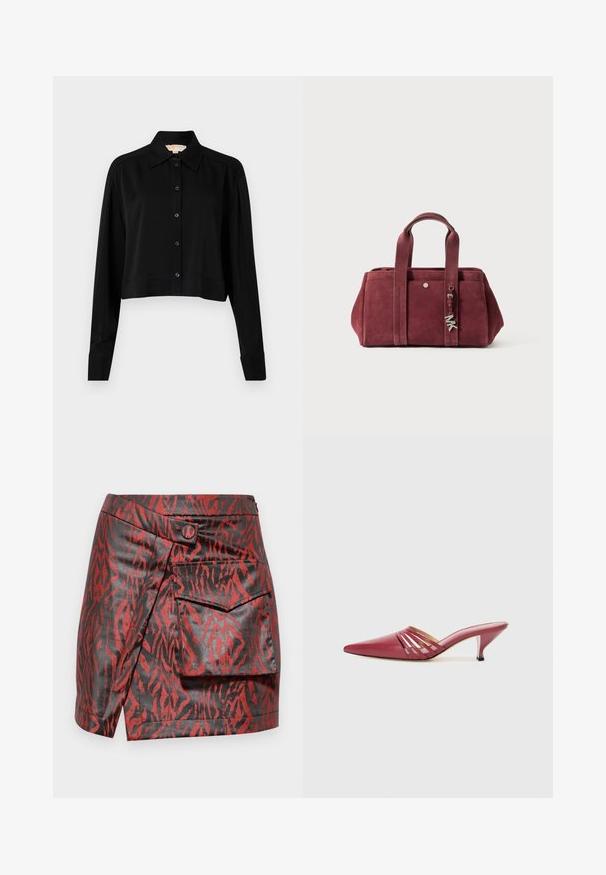 Svart kortärmad skjorta med lång ärm, spetsig krage och knappstängning. Tillverkad av slät tyg med lös passform och uppvikta ärmar.; Röd och svart konstläderkjol med tigerstripemönster, omslagsdesign, frontknappdetalj och sidoficka.; Röda lädermules med spetsig tå och låg klack, med utskurna sidodetaljer och slät textur. Snygg och strömlinjeformad design.; Burgundy mockaskhandväska med två handtag, dragkedjestängning, framficka och metallberlock som accent. Rektangulär form med mjukt material.