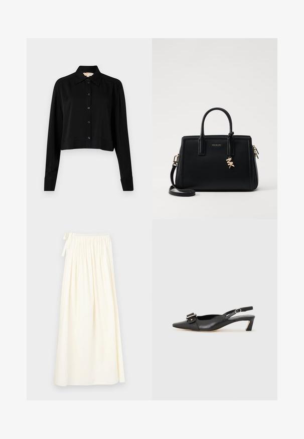 Čierna skrátená košeľa s dlhými rukávmi, špicatým golierom a zapínaním na gombíky. Vyrobená z hladkej látky s voľným strihom a manžetovými rukávmi.; Dlhá, krémová sukňa vyrobená z ľahkej tkaniny; má elastický pás so šnúrkou a voľný strih s minimálnou štruktúrou.; Čierne kožené sandále s úzkym prstom, malým opätkom a dekoratívnou sponou na vrchnej časti. Hladká textúra, minimalistický dizajn.; Čierna kožená kabelka so štruktúrovaným dizajnom, dvojitými hornými uchami, odnímateľným ramenným popruhom, zlatými kovovými detailmi a akcentom logového prívesku.