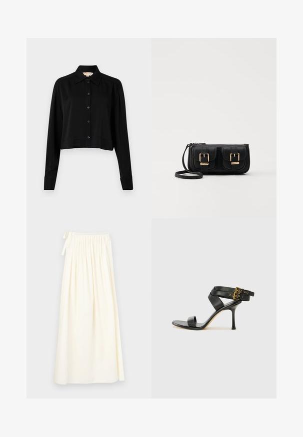 Zwarte cropped shirt met lange mouwen, een spitse kraag en een knoopsluiting aan de voorkant. Gemaakt van soepele stof met een ontspannen pasvorm en manchet-mouwen.; Lange, crème-kleurige rok van lichtgewicht stof; beschikt over een elastische tailleband met een strik en een vloeiende uitstraling met minimale textuur.; Zwarte hoge hak sandaal met gekruiste bandjes en verstelbare gespsluiting. Heeft een gladde textuur en een taps toelopende stilettohak.; Zwarte leren schoudertas met twee vo pockets, gouden gespen, ritsluiting en een smalle band. Tekstuur oppervlak en compacte rechthoekige vorm.