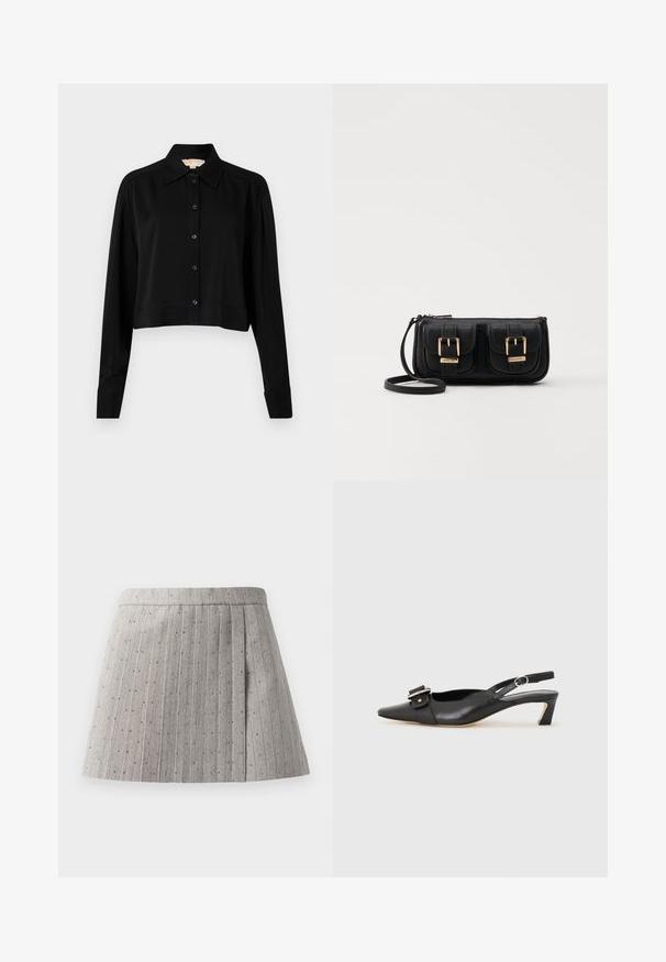 Camisa negra corta con mangas largas, cuello puntiagudo y botones en la parte delantera. Fabricada en un tejido suave con un corte holgado y mangas con puños.; Falda plisada gris hecha de tela texturizada, con rayas verticales y pequeños acentos decorativos espaciados uniformemente.; Zapato slingback de cuero negro con punta afilada, tacón pequeño y detalle de hebilla decorativa en la parte superior. Textura suave, diseño minimalista.; Bolso cruzado de cuero negro con dos bolsillos frontales, hebillas doradas, cierre de cremallera y una correa delgada. Superficie texturizada y forma rectangular compacta.