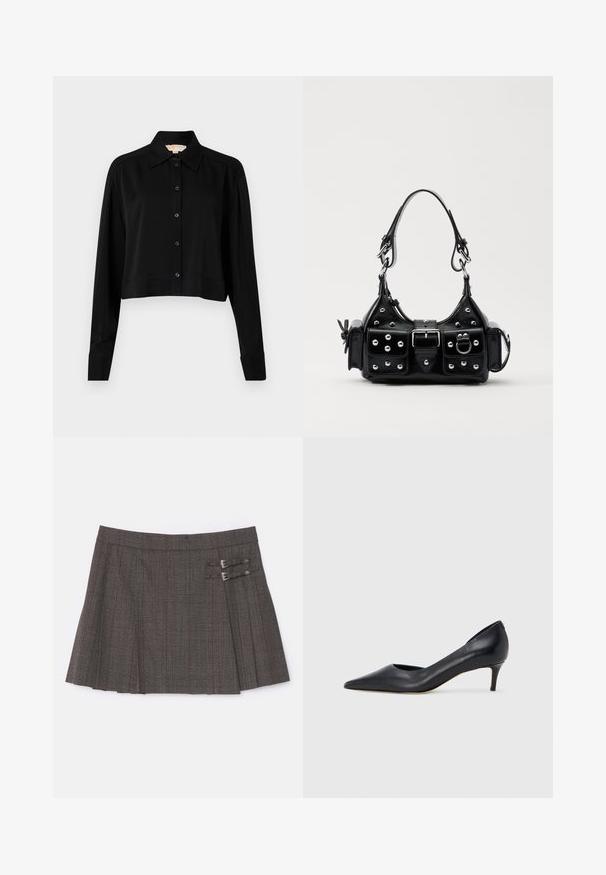 Schwarzes, kurzes Hemd mit langen Ärmeln, einem spitzen Kragen und Knopfverschluss. Hergestellt aus glattem Stoff mit lockerer Passform und geknöpften Ärmeln.; The Kooples JUPE - Minirock - brown; Schwarzer Pumps aus Leder mit spitzer Zehenpartie und niedrigem Absatz. Verfügt über eine glatte Textur und dezenten Glanz. Vordere Öffnung für ein zusätzliches Detail.; Schwarze Lederhandtasche mit einem geschwungenen Design, verziert mit silbernen Nieten, einer Schnalle und zwei seitlichen Taschen. Verstellbarer Träger für verschiedene Tragemöglichkeiten.