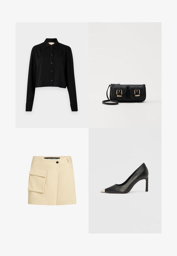 Camicia nera cropped con maniche lunghe, colletto a punta e chiusura con bottoni. Realizzata in tessuto morbido, con vestibilità rilassata e maniche a polsino.; Gonna beige con vita aderente, chiusura frontale con bottoni e tasca cargo sul lato sinistro. Tessuto liscio con design sartoriale.; Scarpa con tacco alto in pelle nera con punta affilata e cappuccio metallico argento. Presenta una finitura liscia e un tacco sottile di 10 cm.; Borsa a tracolla nera in pelle con due tasche frontali, fibbie dorate, chiusura con zip e una tracolla sottile. Superficie texturizzata e forma rettangolare compatta.