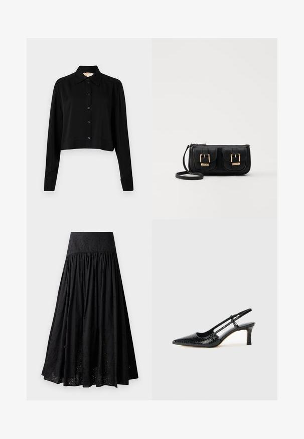 Sort cropped skjorte med lange ærmer, spidse krave og knaplukning foran. Fremstillet af glat stof med en afslappet pasform og manchetærmer.; Sort maxi-nederdel lavet af bomuld med en broderet talje. Har indsamlet stof og øje-detaljer langs kanten.; Sorte patent slingback hæl med spids tå, prydet med tekstureret slangeskindsmønster, justerbar rem og en kort, tekstureret blokhæl.; Sort læder crossbody taske med to frontlommer, guldspænder, lynlåslukning og en slank rem. Struktureret overflade og kompakt rektangulær form.