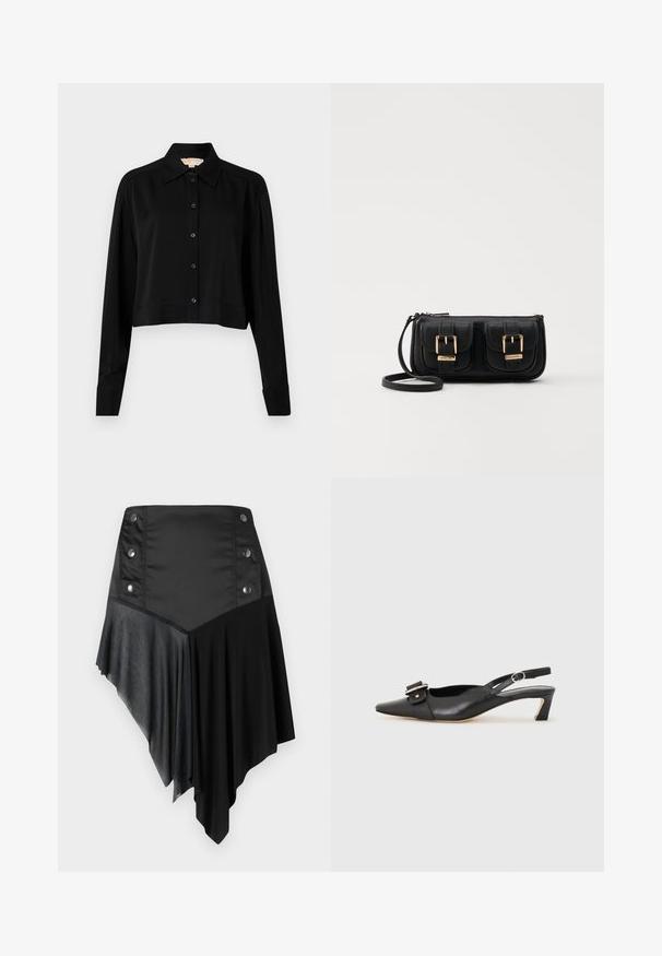 Svart kortärmad skjorta med lång ärm, spetsig krage och knappstängning. Tillverkad av slät tyg med lös passform och uppvikta ärmar.; Svart asymmetrisk kjol med en blandning av matta och texturerade tyger, med silverfärgade knapppdetaljer vid midjan och en lagrad fålldesign.; Svart lädersko med slingback, spetsig tå, liten klack och dekorativ spänndetalj på ovansidan. Slät struktur, minimalistisk design.; Svart läderaxelväska med två framfickor, guldspännen, dragkedjestängning och en smal rem. Texturerad yta och kompakt rektangulär form.
