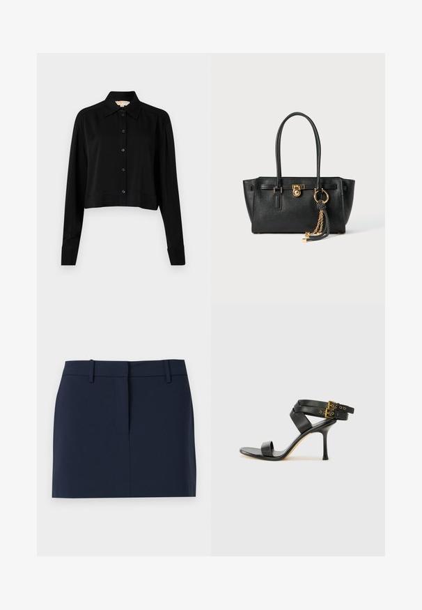 Chemise noire courte à manches longues, col pointu et fermeture par boutons. Fabriquée en tissu lisse avec une coupe décontractée et des manches à poignets.; Jupe bleu marine en tissu lisse, dotée d'une taille, d'une ouverture à l'avant et de lignes épurées sans poches ni embellissements.; Sandale à talons noirs avec des straps croisés et une boucle ajustable. Elle présente une texture lisse et un talon aiguille effilé.; Sac à main en cuir noir avec double anses, serrure dorée et détails en chaîne, et accessoire à pompon noir et blanc sur fond blanc.